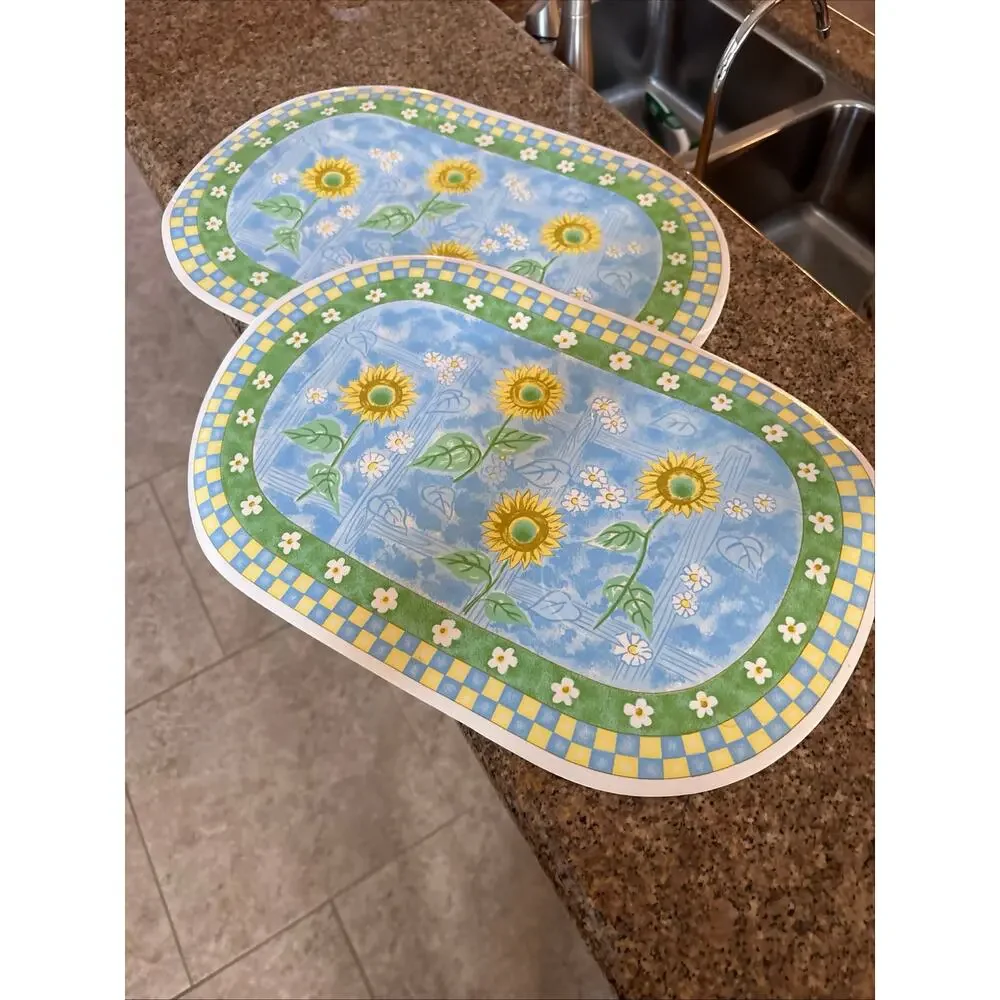 Vintage Sunflower Placemats Set of 2 Blue Gingham Country Cottage Kitchen